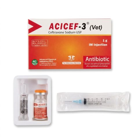 ACICEF-3 (Vet) 1g Ceftriaxone Sodium Injection (Broad-Spectrum Antibiotic for Livestock)